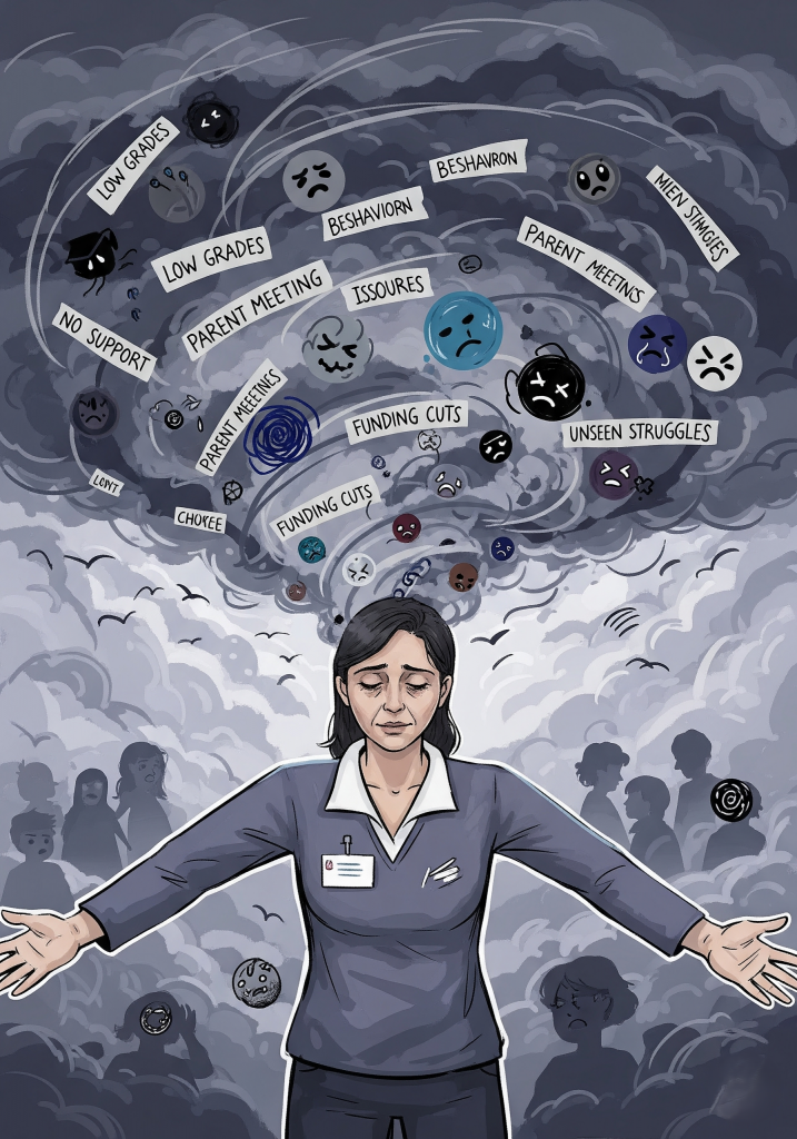 Imagen metafórica de cómo las docentes absorben las emociones de alumnos y familias hasta sentirse sobrecargadas.