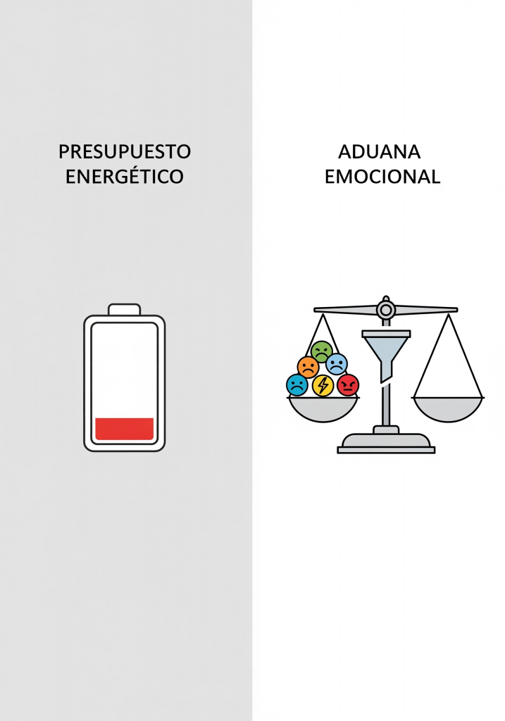 Infografía educativa que representa el presupuesto energético y la aduana emocional como recursos para docentes sensibles.